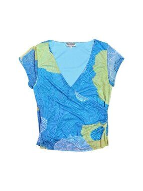 Y2K Blue Floral Mesh Wrap Top Size L Fairycore Coastal Grandmother